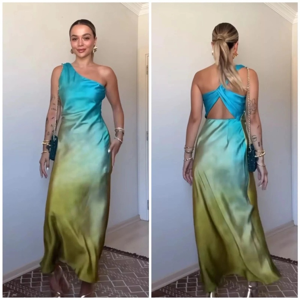 Zara Blue and Green One-Shoulder Maxi Dress
